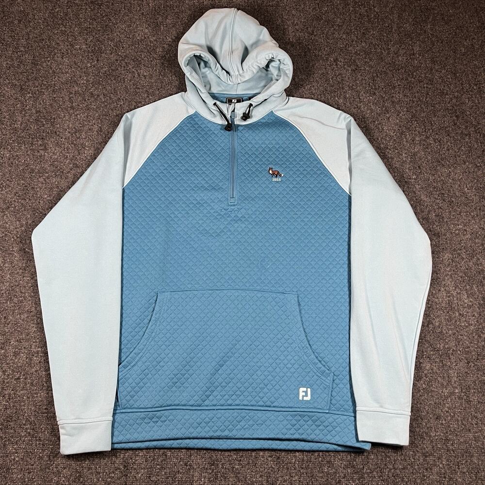 FootJoy Links Hoodie Large Mens Blue Quilted Raglan Pullover Golf Sweatshirt